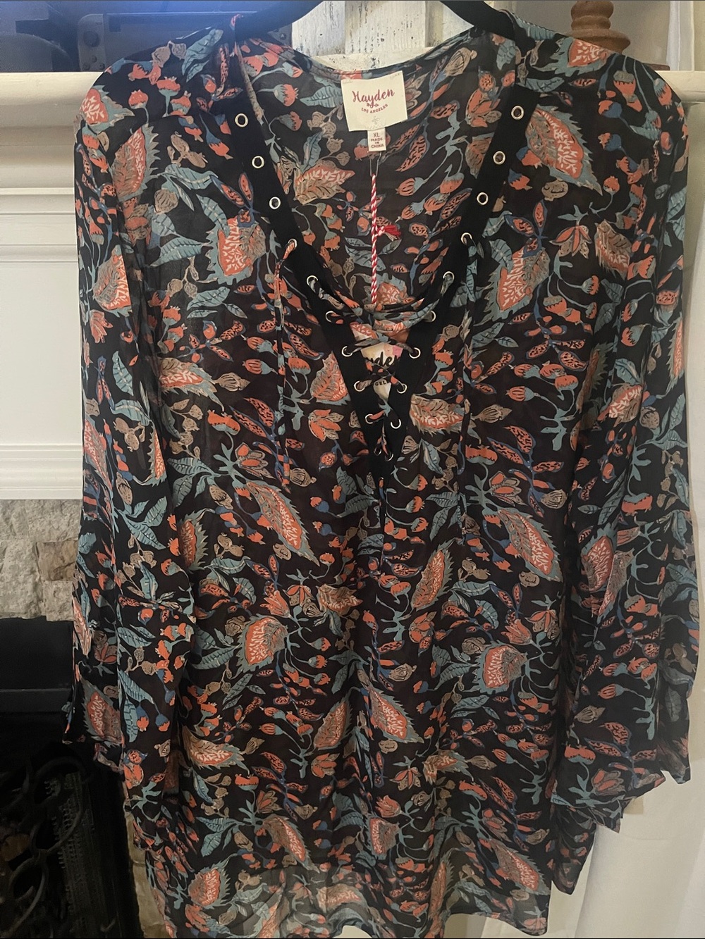 Hayden Black Floral Lace-Up Tunic- XL- NWT